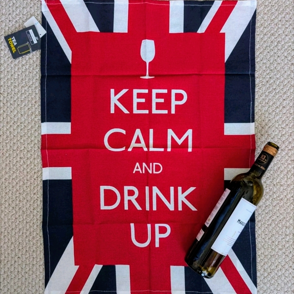 Keep Calm and Drink Up Union Jack Tea Towel UK British Britain Flag Wine Kitchen - Picture 1 of 9